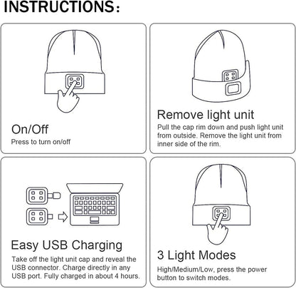 🔦 LED Lighted Beanie Cap – USB Rechargeable, Ultra-Bright 4-LED Headlamp Hat | Warm Winter Hat for Men & Women
